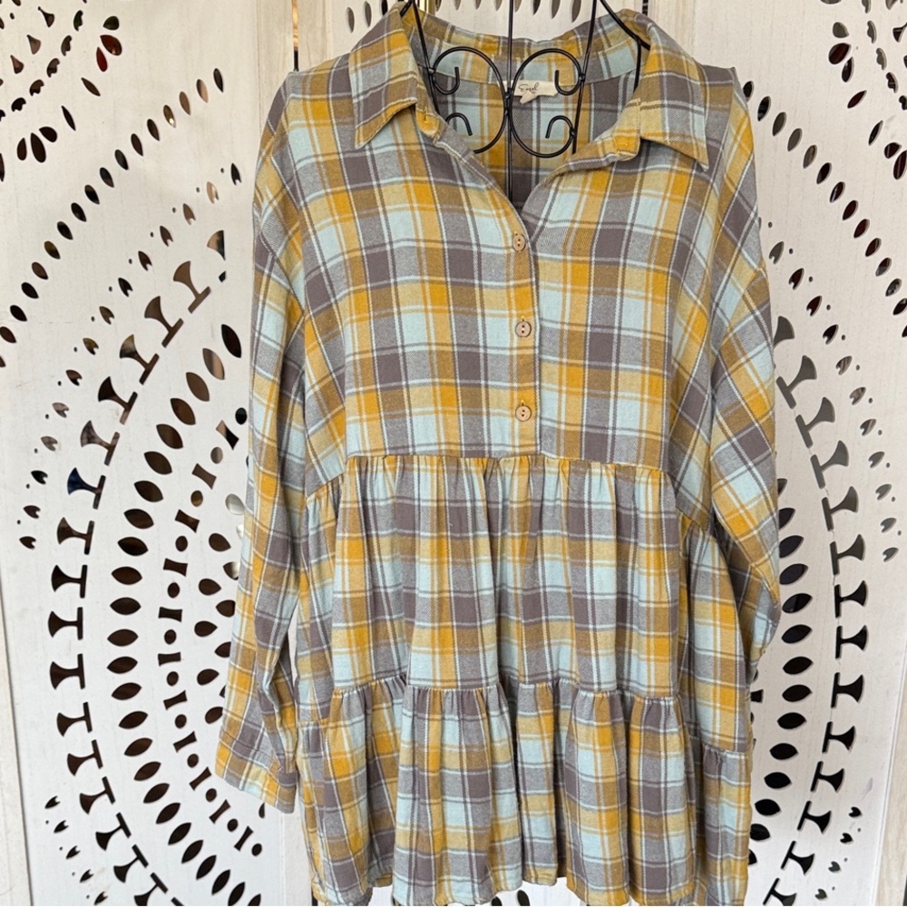 Easel Yellow and Gray Plaid Button-Up Tunic 100% Brushed Cotton
